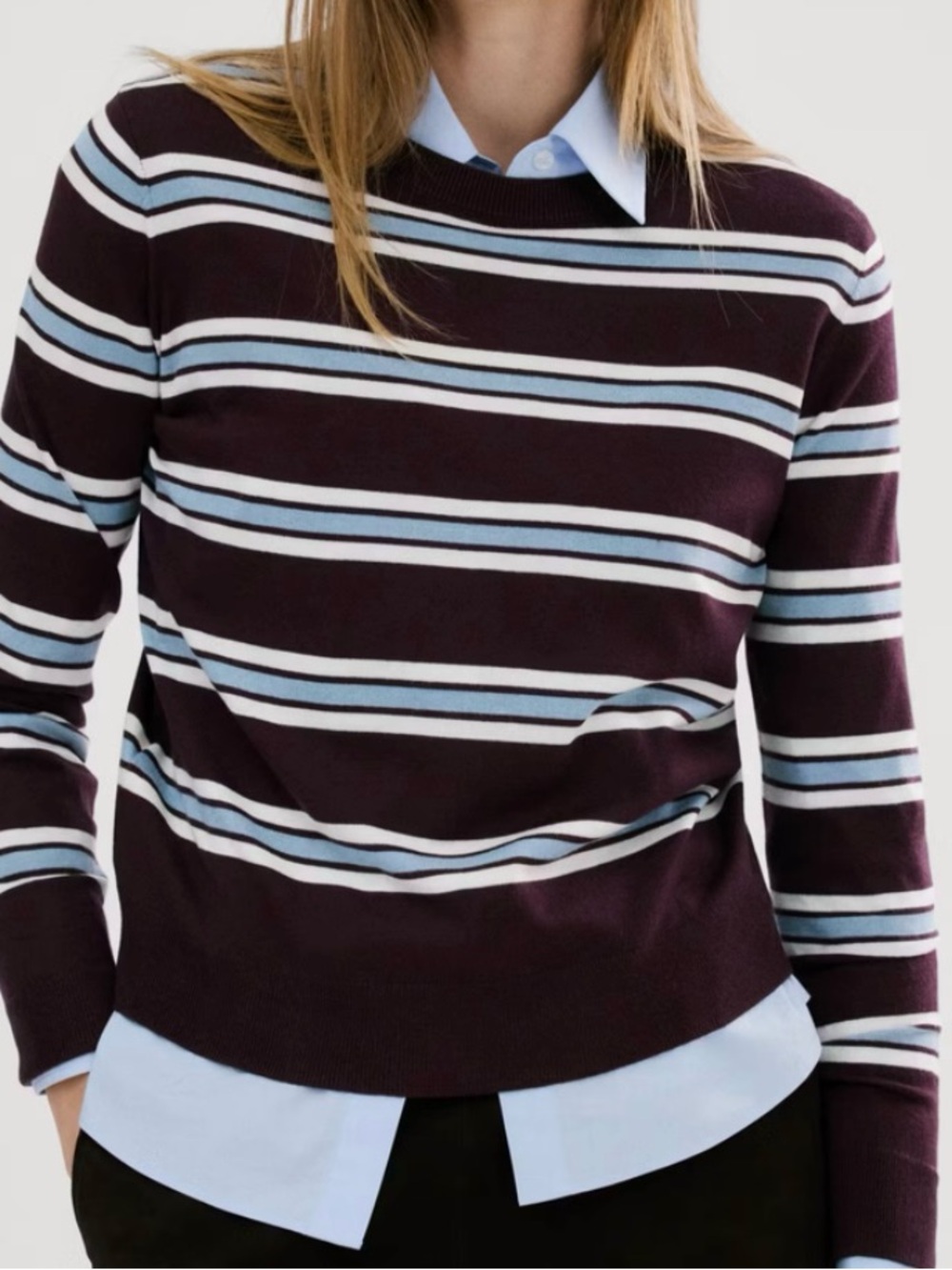 Mango Striped Crewneck Sweater in Dark Plum and Light Blue - M